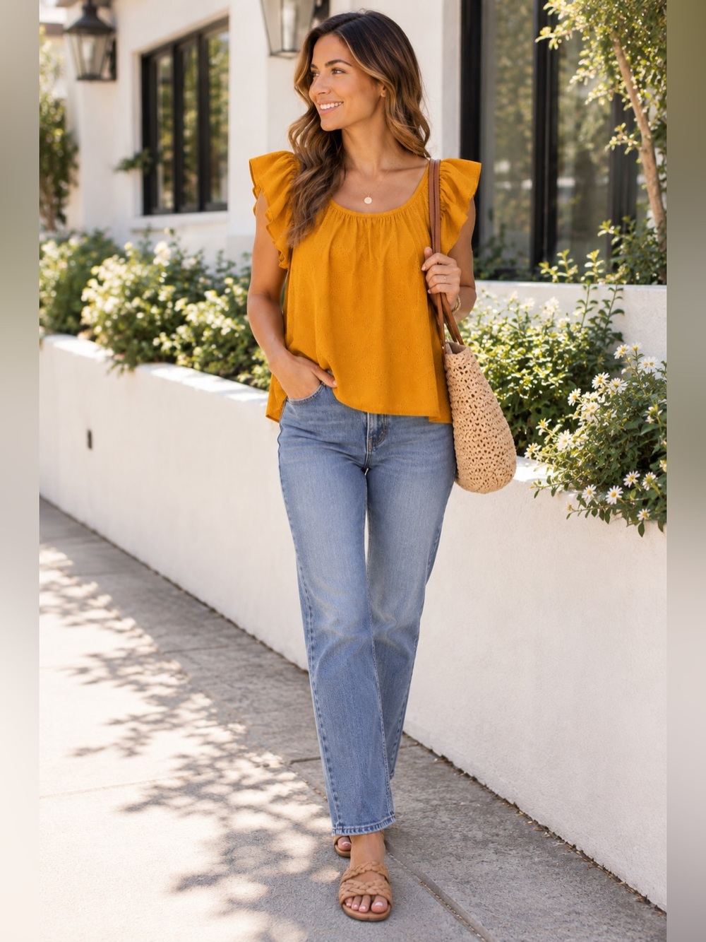 Per Seption Concept Mustard Eyelet Flutter Sleeve Blouse XL NWT